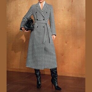 Black / White Houndstooth Double Breasted Belted Midi Trench Coat